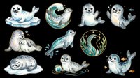 Cute baby seal clipart set with watercolor style, isolated on transparent background. Great for stickers, nursery prints, t-shirt design, and print on demand.