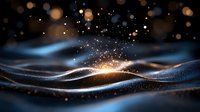 Glowing particles and light waves create dynamic abstract background with golden sparkles and blue flowing curves against dark backdrop. For luxury designs.