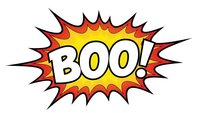 Comic book style BOO explosion burst with red yellow flames on white background isolated for Halloween designs and pop art projects.