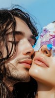 Young couple with wet dark hair and glowing skin posing together outdoors against clear blue sky, wearing colorful sunglasses, summer beauty and lifestyle portrait.