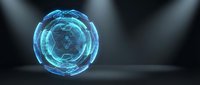 Futuristic blue holographic sphere with geometric patterns floating in dark space with dramatic lighting effects for sci-fi technology concepts.