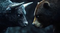 Dramatic confrontation between mythical horned wolf creature and brown bear in dark atmospheric setting, symbolizing conflict in nature.