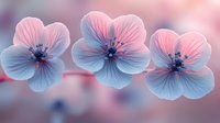 Delicate pink and blue flowers with soft petals arranged in row against blurred pastel background create dreamy spring atmosphere. Artistic macro photography for floral designs.