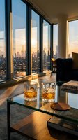 Luxury apartment living room with whiskey glasses on coffee table overlooking city skyline at golden hour sunset through floor-to-ceiling windows.