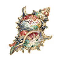 Ornate decorative seashell with intricate gold filigree detailing, vibrant red, blue, and green enamel patterns, isolated on white background for design projects.