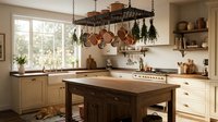 Rustic farmhouse kitchen interior with wooden island, copper pots hanging from wrought iron rack, cream cabinets, natural lighting through large windows.