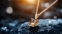 Golden gemstone pendant on delicate chain resting on dark textured stone surface with warm bokeh lighting, suitable for jewelry marketing and luxury product displays.