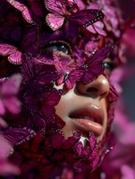 Mysterious woman's face partially covered with vibrant purple butterflies creating an artistic mask effect for fashion editorial or beauty concept.