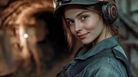 Young Caucasian female miner wearing protective helmet with headlamp and headphones in underground tunnel. Industrial worker portrait with warm lighting in mining shaft.