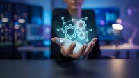 Hand holding glowing gear mechanism hologram in modern office environment, representing technology, innovation, engineering, and digital transformation solutions.
