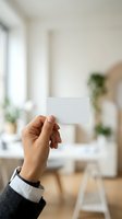 Young woman holding blank white business card in modern bright office space with natural light and green plants for corporate branding mockup.