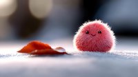 Adorable pink fluffy creature with kawaii smile sitting on blurred background with autumn leaf, soft focus macro photography for greeting cards and decor.