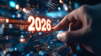 Glowing neon 2026 number touched by finger on futuristic digital interface with light streaks and bokeh effects in dark blue technological background.