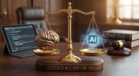 Golden scales of justice balancing human brain and AI technology symbol in law office with laptop and gavel representing ethics in artificial intelligence.