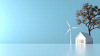 Minimalist eco-friendly concept with white house, wind turbine and lone tree against light blue background. Clean energy and sustainable living illustration.