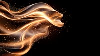 Glowing golden waves with sparkling particles flow through dark space creating abstract fluid motion effect with luminous energy streams.