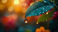 Glistening water droplet suspended from green leaf tip against vibrant bokeh background creates magical nature macro moment with orange and teal color palette.