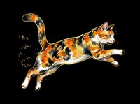 Watercolor calico cat leaping mid-air, isolated on transparent background. Great for t-shirt design, stickers, print on demand, clipart, and sublimation projects.