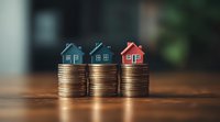 Small house models placed on stacks of coins against wooden surface, representing real estate investment, property value, and housing market trends.