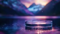 Glass of water on reflective surface against dreamy purple mountain landscape at twilight, creating serene atmospheric mood.