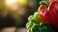 Fresh red and green bell peppers with water droplets in warm sunlight, organic vegetables for healthy cooking and nutrition concepts.