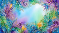 Vibrant watercolor floral frame with swirling golden outlines in purple, teal, and green tones, featuring a soft blue center copy space.
