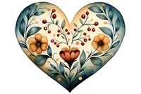 Decorative heart shape filled with folk art floral pattern featuring orange blooms, red berries, and teal leaves on cream background. Romantic botanical illustration.