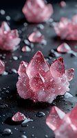 Pink rose quartz crystal cluster with water droplets on dark surface surrounded by scattered gemstone fragments for healing and meditation practices.