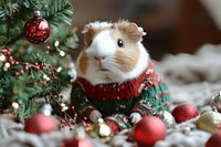 Adorable guinea pig wearing festive red and green knitted sweater sitting among Christmas decorations and ornaments for holiday greeting cards.