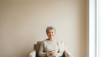 Senior woman with gray hair and light skin tone, wearing a beige cardigan and cream sweater, sitting in a comfortable armchair holding a warm beverage by a bright window.