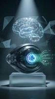 Futuristic artificial intelligence concept with glowing brain hologram above digital eye displaying binary code data streams for technology innovation.