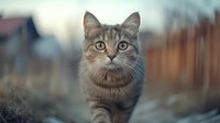 Gray tabby cat with bright green eyes looking directly at camera against soft blurred natural background, showing curious expression and alert posture.