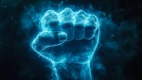 Glowing blue energy fist emerging from dark background with electric lightning effects and power particles, symbolizing strength and determination.