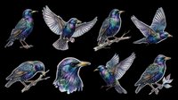 Set of iridescent starlings in various poses, isolated on transparent background. Great for stickers, t-shirt design, clipart, print on demand, and sublimation projects.