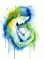 Watercolor mother embracing newborn baby in tender moment with blue and green paint splashes on white background for motherhood designs.