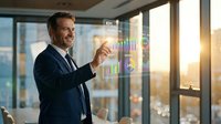 Middle-aged Caucasian businessman in dark suit analyzing holographic financial data charts and graphs in modern office with city view at sunset.