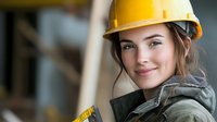 Young female construction worker wearing yellow hard hat and safety gear smiles confidently at construction site, representing women in trades and workplace diversity.