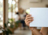 Person holding blank white card with copy space, indoor setting with blurred background and natural light, suitable for advertising messages, promotions, announcements, or marketing campaigns.