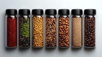 Glass containers filled with colorful legumes, grains, nuts and seeds arranged in row on dark background, showing variety of healthy cooking ingredients.