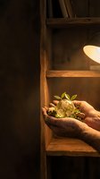 Mature adult hands cradling seedling in glass globe with soil and stones on wooden shelf under warm lamp light, symbolizing environmental care and sustainable growth for eco-friendly projects.