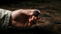 Hand holding fresh ripe blackberry on rustic wooden surface, ideal for food, agriculture, and harvest-themed designs and marketing materials.