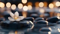 Serene white flower on black spa stones with soft bokeh lights reflecting in water, creating peaceful zen atmosphere for wellness and meditation background.