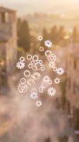 Floating gears and cogs overlay a blurred Mediterranean village street with warm golden light, symbolizing innovation, technology, and industrial progress in urban development.
