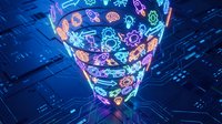 Neon glowing head with colorful circuit board patterns and digital icons representing artificial intelligence, machine learning, and technology innovation on dark blue background.