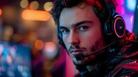 Young Caucasian male gamer in headset illuminated by vibrant neon lights, focused expression with beard, dramatic cyberpunk style lighting creates moody atmosphere.