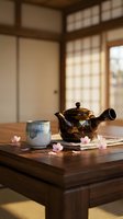 Traditional Japanese tea ceremony setup with ceramic teapot and cup on wooden table in authentic tatami room with cherry blossom petals for cultural meditation.