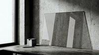 Minimalist concrete interior with geometric mirror reflecting natural light from window creating modern architectural shadows and textures for contemporary design projects.