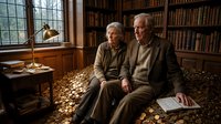 Senior couple sitting together in home library with wooden bookshelves, reading materials, and natural window light, representing retirement, education, and domestic comfort.