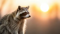 Raccoon in golden sunset light with warm bokeh background for wildlife and nature photography projects.
