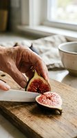Mature male hand slicing fresh fig on wooden cutting board in bright kitchen. Food preparation and cooking concept for culinary, recipe, and lifestyle content.